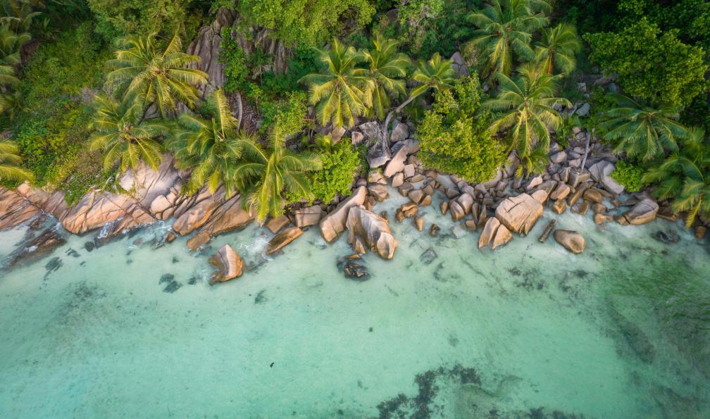 Paweł Wielądek - Unsplash - Vue aérienne d'une foret tropical avec des palmiers et de rochers plongeant dans une mer turquoise, Seychelles - Rochers des Seychelles seychelles-randonnee-et-snorkeling-seychelles
