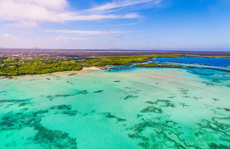 Vue aérienne de la côte, Île d'Isabela, île des Galápagos, Équateur
