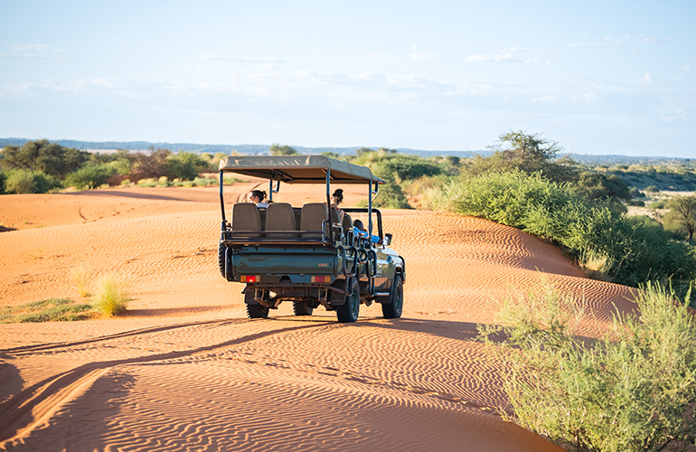 Voiture lors d'un safari à Bagatelle, désert du Kalahari, Namibie