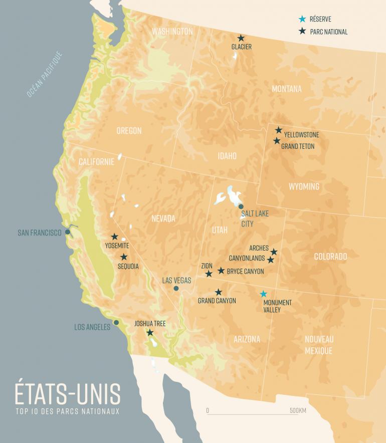 © Garioud - Nadège - Allibert Trekking Carte situant une sélection de parcs nationaux emblématiques de l'Ouest américain, États-Unis d'Amérique.