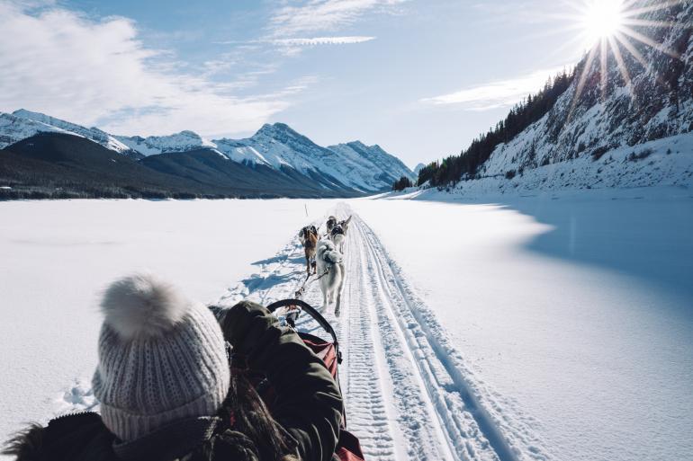 Ballade dans un traîneau à chiens sur un lac gelé, Rocheuses, Canada