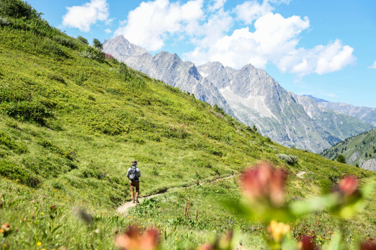 Randonneur sur le sentier du tour du Mont-Blanc avec au loin de la Glacier de l'A Neuve, Alpes, France