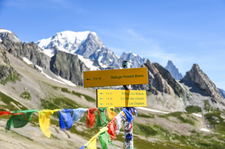 Le Mont-Blanc vu du col de la Seigne, pancartes du GR au premier plan, Alpes, France